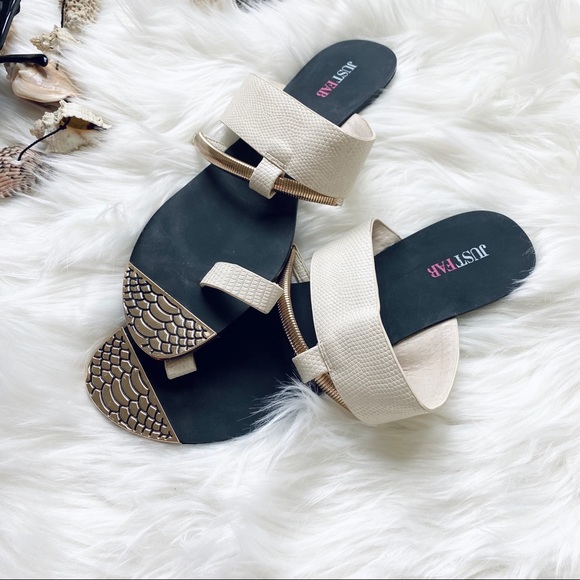 JustFab | Nude & Gold Snake Print Glam Chic Single Toe Sandals - Picture 3 of 9